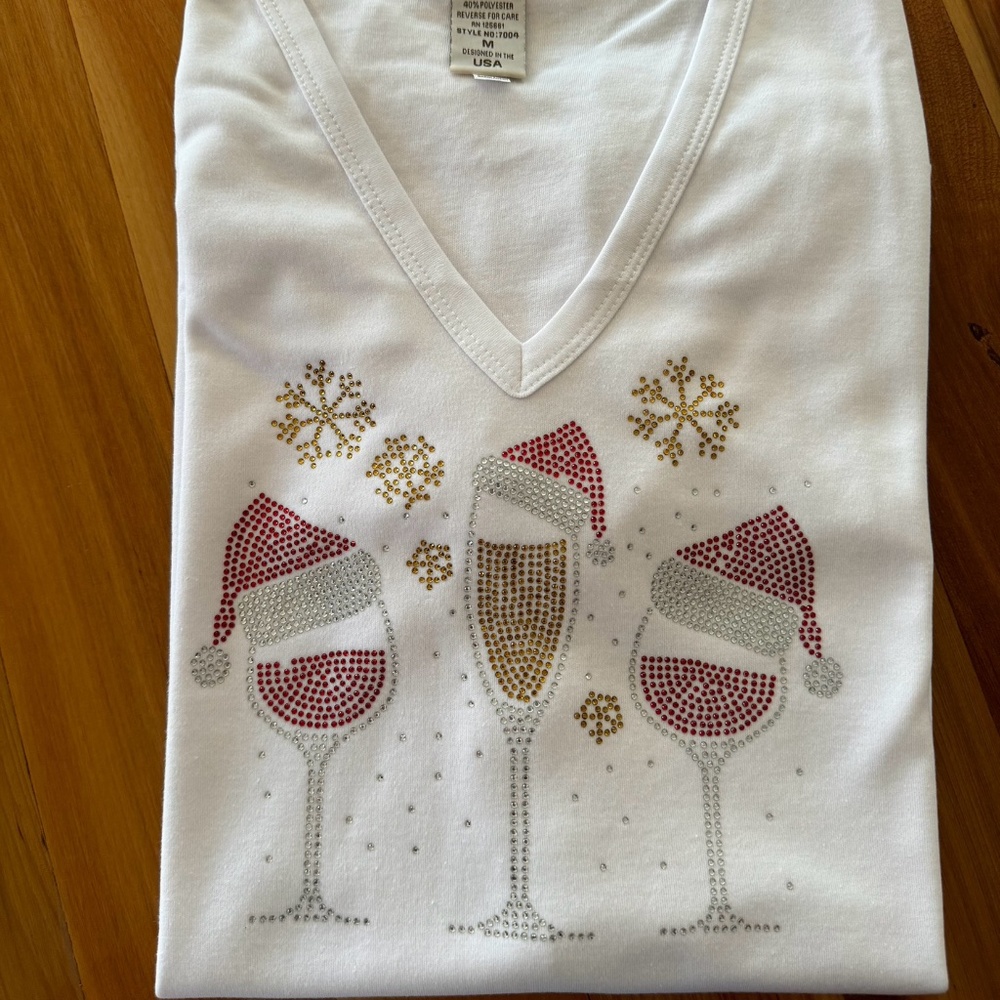 Holiday Wine Glass Rhinestone Ladies Shirt New